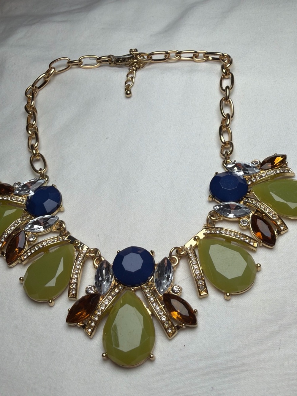 Gold-Tone Statement Necklace with Olive Green and Navy Accents